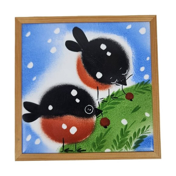 Helina Tilk Hand Painted Tile Trivet Snow Birds Berries Red Breasted Blue Sky - Picture 1 of 8